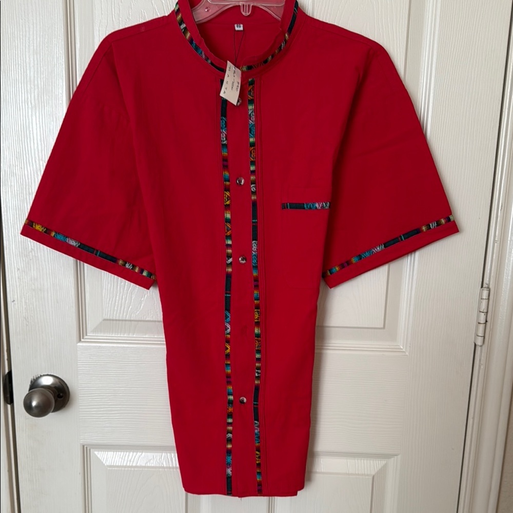 Red Dress Shirt with Mandarin Collar and Decorative Trim